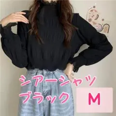 トップス　シースルー　シフォン ブラウス　シアー シャツ 長袖 黒 M 677