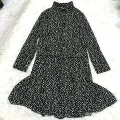 COMME CA ISM 黒 白 花柄 長袖ロングワンピース Lサイズ リボン付