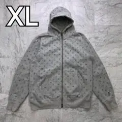 チャンピオン　ジップアップパーカー　メンズ　XL グレー　総柄　刺繡ロゴ　綿