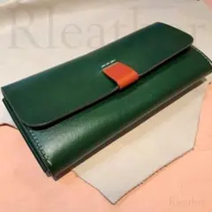 栃木レザー 本革 長財布 メンズ ハンドメイド　緑グリーン