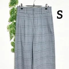 ザラ・S ワイドパンツ ハイウエスト グレー系チェック レーヨン混