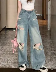 SHEIN ライトブルーダメージワイドレッグデニム