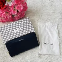 極美品✨フルラ　長財布　ロゴファスナー　ネイビー　箱付き　サフィアーノレザー