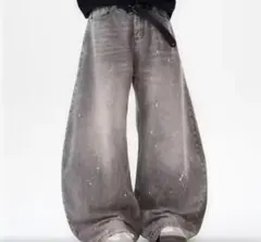 グレー ワイドレッグ デニムパンツ
