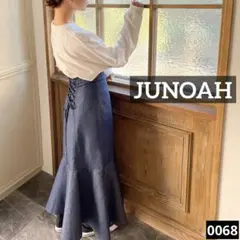 0068 JUNOAH デニムバックレースアップフレアスカート　ネイビー