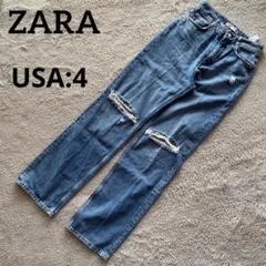 ザラ　ZARA ストレートデニム　ダメージ加工　ブルー　USA4サイズ
