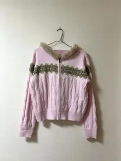 Y2K ピンク ファー付き ケーブルニットセーター