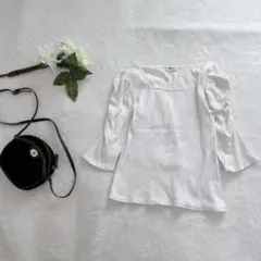 【イング】Mサイズ 白 パフスリーブ ７分袖トップス スクエアネック a2933