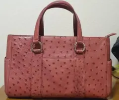 高級品 オーストリッチ ハンドバッグ 赤ピンク 赤ワイン