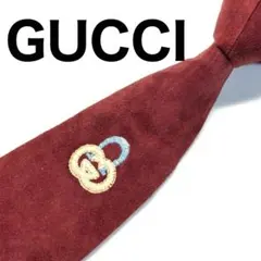 【超激レア✨】 グッチ ネクタイ レッド レザー ロゴ スウェード 刺繍 80s