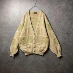 VINTAGE　カーディガン　ベージュ　グリーン　ケーブル　レトロカラー　古着