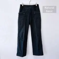 ナチュラルベーシック 中綿 チェックパンツ L ネイビー あったか 防寒 裏地付