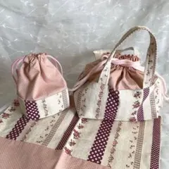 [訳あり畳じわ] ハンドメイドランチ3点セット　お弁当袋コップ入れなど　入園入学