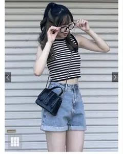 ロールアップヘムハイウエストデニムショートパンツ[at703