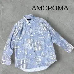 リネン混 AMOROMA 総柄シャツ L 長袖 レトロ アート柄 ブルー 古着
