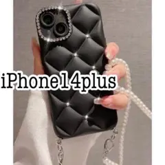 iPhone14plusケース パールショルダーストラップ付き　ブラック　黒