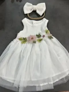 ベビーワンピース 花柄刺繍 チュール 6-9M ヘアバンド付きのサムネイル
