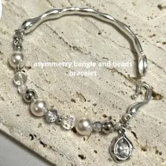 611.バングル　ハンドメイドブレスレット　パール　ガラスビーズ　シルバー