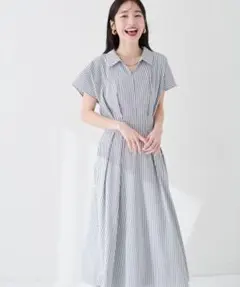 涼しげスキッパー衿お上品ワンピース　ストライプ　natural coutureのサムネイル