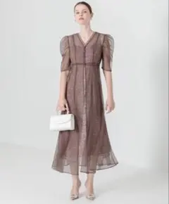 【LEJA】花柄総レースパフスリーブウエストリボン ドレス パーティ ワンピース