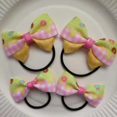 【740】ドーナツ柄リボンキッズヘアゴム4個セット