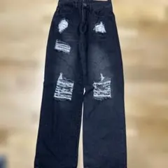 ダメージ加工 ブラック ワイドレッグデニム