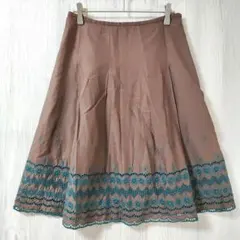 Dee Flavor 裾スカラップ刺繍フレアスカート 茶 コットン100 日本製