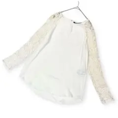 ザラベーシック（M）かぎ編み長袖ブラウス レース切り替えスリーブ 透け感 白