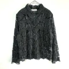 gattino 総レース長袖ブラウスシャツ フリル スパンコール ハイネック 黒