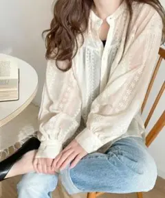 ブラウス　レトロ　前後2way　バンドカラーシャツ　透け