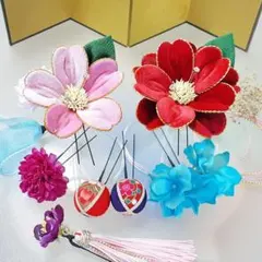 成人式 和 髪飾り ベルベット花 振袖 赤 ピンク レッド 和装 水引 Uピン