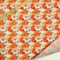 D42　3D立体プリント生地 花柄 オレンジ白花 ポリコットン ハギレ 輸入生地