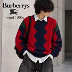 Burberry's　ニット　アーガイル柄　ラムウール　刺繍ロゴ　ホースロゴ　Ⅼ