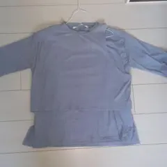 重ね着風七分袖くすみブルー変形カットソーレディーストップス五分袖