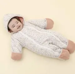 花柄フード付きベビーアウタージャンプスーツ保育園防水撥水ロンパース80センチ