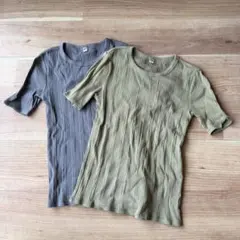 【２枚セット】ユニクロ ランダムリブクルーネック 半袖 カーキ&グレー S