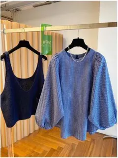 早い者勝ち オシャレデザイン ニットベスト ブラウス 2点 セット パフスリーブ