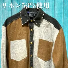 80s 90sヴィンテージシャツ リネン 麻 スタッズ 金釦
