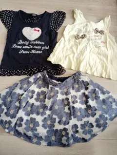 夏先取り！メゾピアノ120他☆半袖トップス×2&デニム調フラワースカート