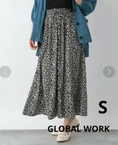 グローバルワーク　レオパード　さらさらサテンフレアワイドパンツ　ブラック　S