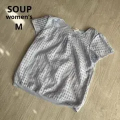 【スープ】シアー チェック ブラウス 半袖 タック フェミニン 裾バルーン M