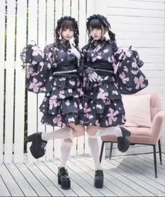 浴衣ドレス 黒ピンク リボン柄 セットアップ 帯付き - メルカリ