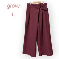 グローブ♪grove フロントラップワイドクロップトパンツ【L】バーガンディ