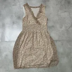 美品★一点物【可憐な小花柄】フリルネック ワンピース ピンクベージュ フェミニン