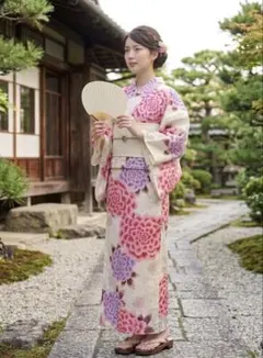 新品未使用 浴衣 白地 花柄 ピンク 紫 成人式特典 大人可愛い フリーサイズ