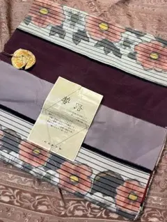 紫　つばき？　横段　夜具　秩父銘仙　反物のサムネイル