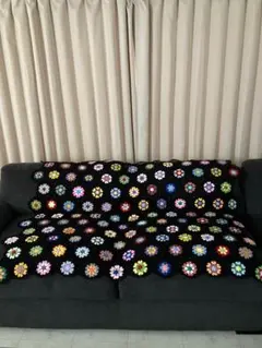 手編み　ソファーカバー　大判ブランケット　ベッドカバー　マルチカバー　モチーフ