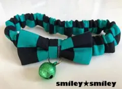 【猫用首輪】市松模様（緑×黒）リボン　シュシュ
