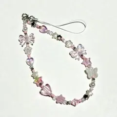 ビーズストラップ　リボン　ピンク