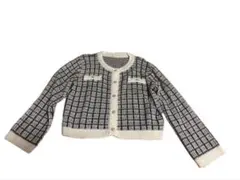 【大きいサイズ】綺麗めツイードニットカーディガン チェック柄 パールボタン